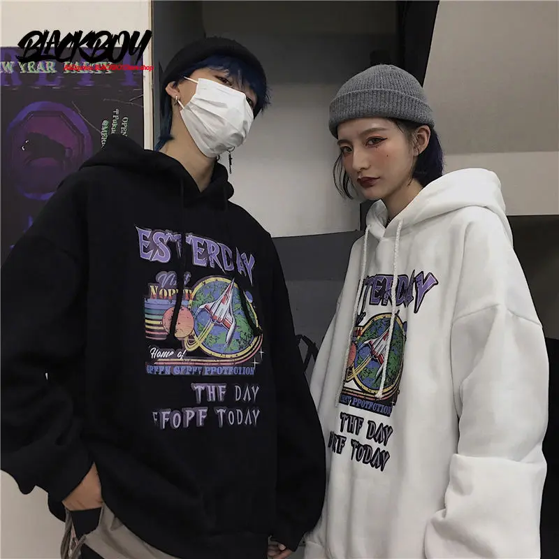 

BLACKBOY Retro Harbour Big Size Loose Korean Printing Hooded Plush Thickened Sweater Men's and Women's Coats Autumn and Winter