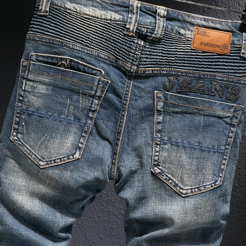 European American Vintage Fashion Men Jeans Retro Blue Elastic Slim Fit Ripped Jeans Men Distressed Designer Casual Denim Pants