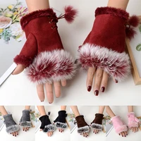 1 pair winter suede rabbit fur half finger gloves women solid color warm gloves mittens hand wrist warmer fingerless gloves