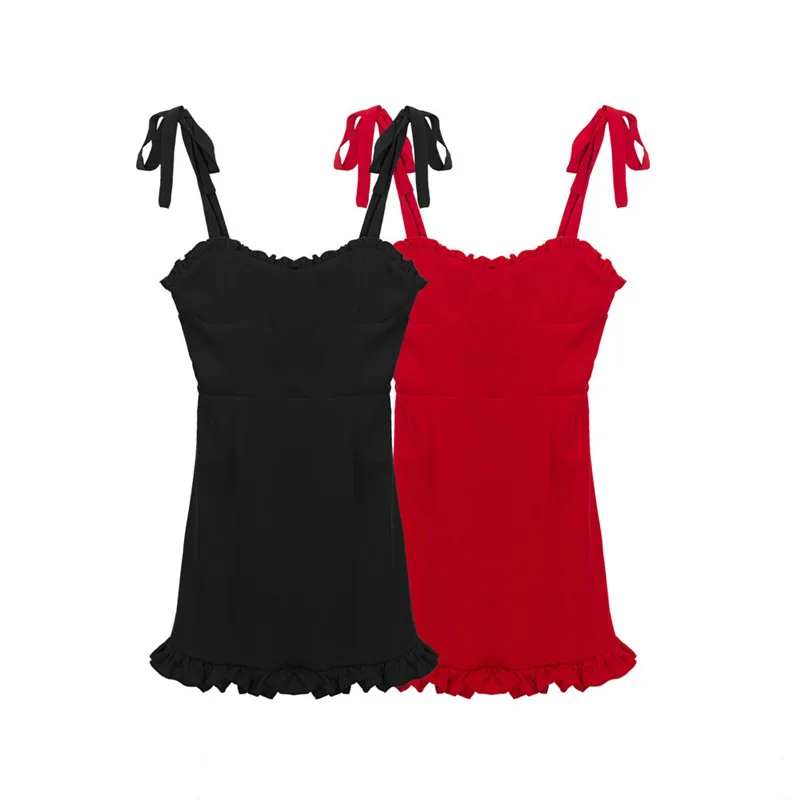 

Women Summer Slim Black Bow Spaghetti Strap Lace Mini Dress Female Fashion Sexy Vestidos Ladies Brand Casual Dresses ZM305