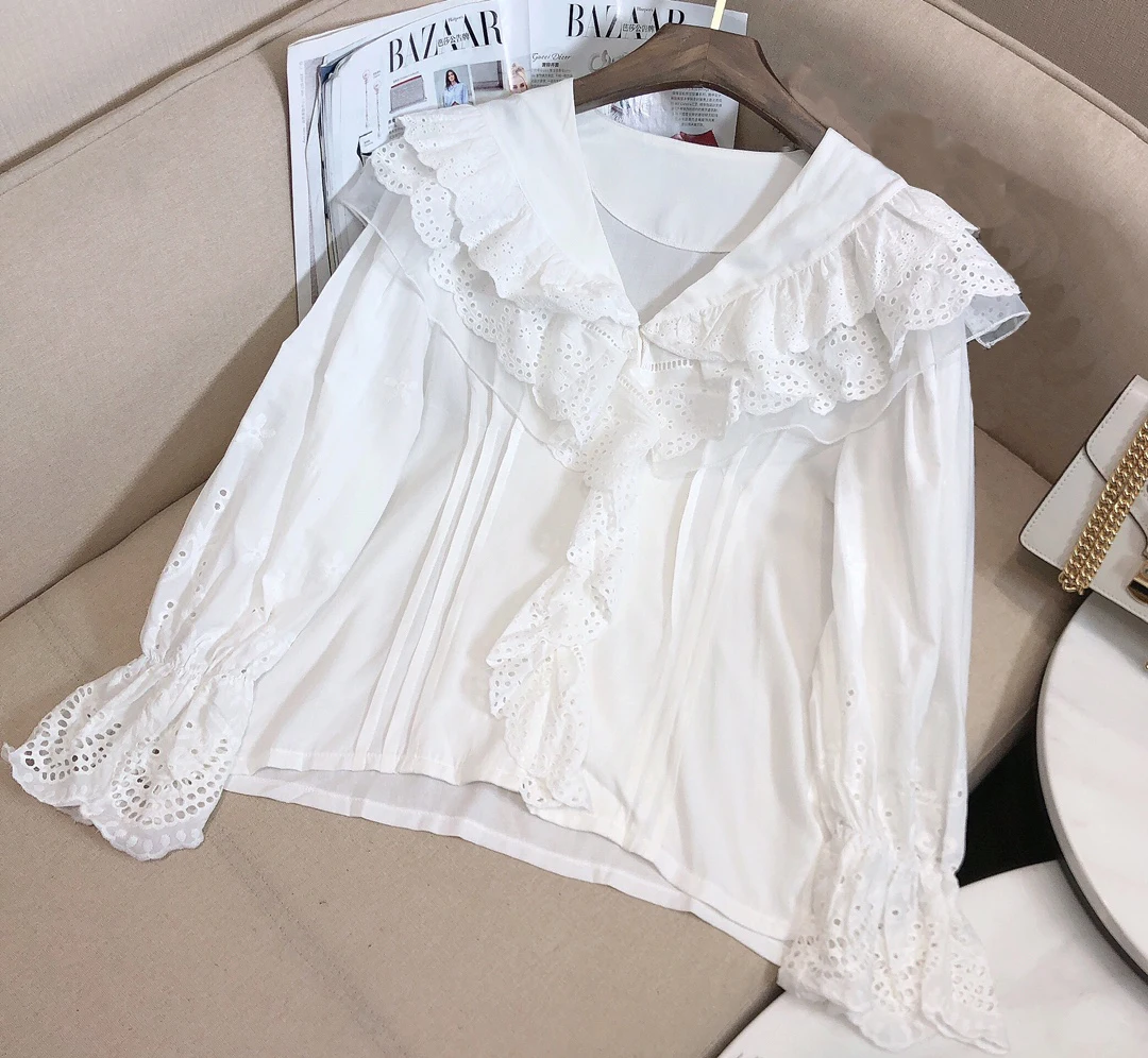 

new ladies fashion 2021 horn long sleeve sexy casual lace stitching lotus leaf V-neck shirt 0115