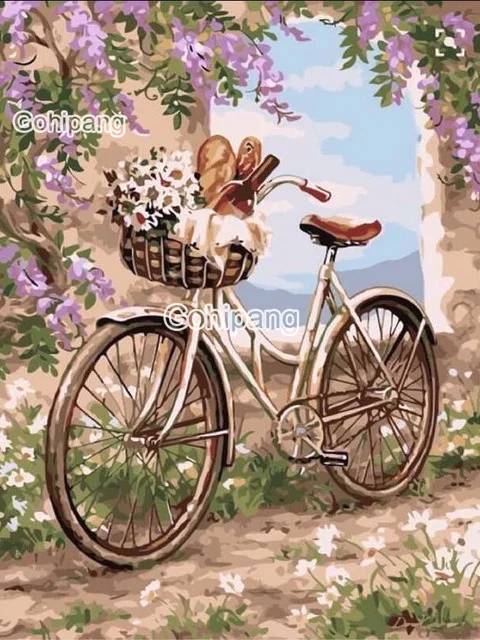 

DIY Diamond Painting Romantic Scene Full of Pink Roses Simple Bicycles Square or Round Diamond Embroidered Girls Rooms Decoratio