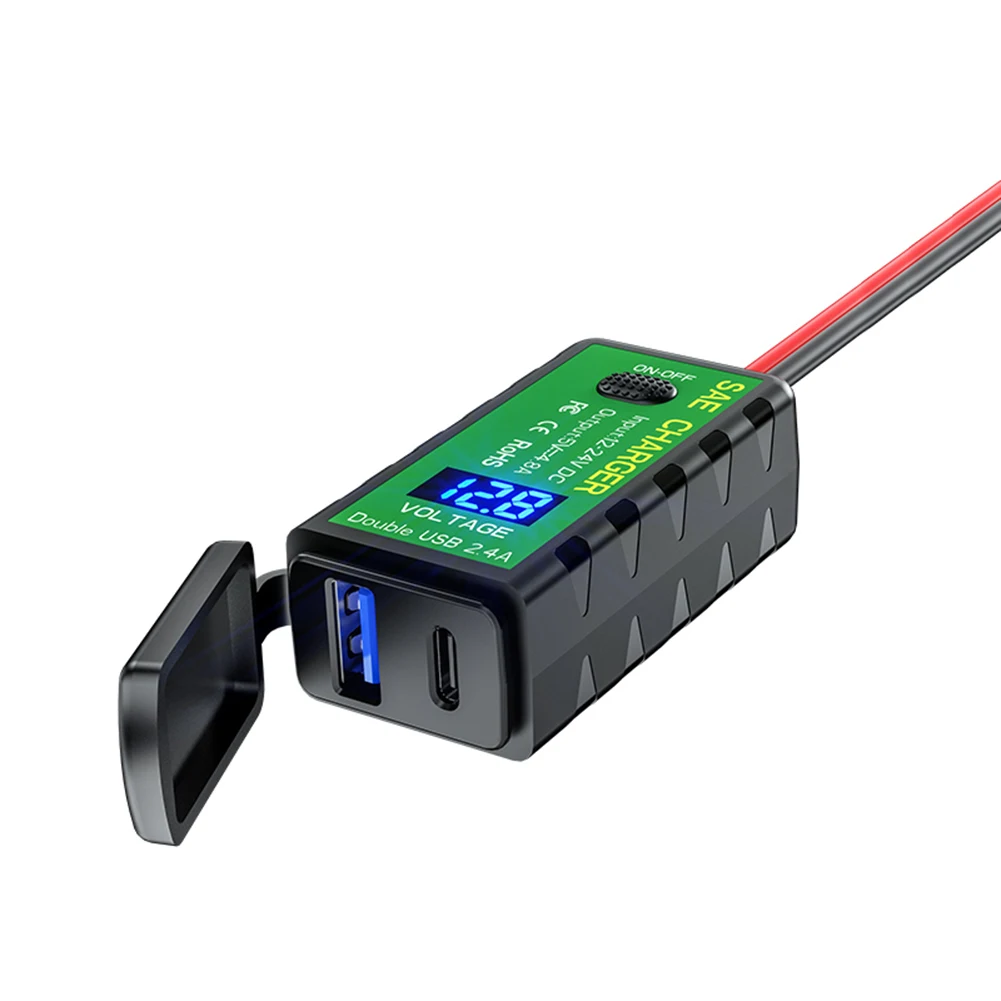 TYPE-C de cargador USB para motocicleta, interruptor de encendido/apagado con voltímetro para teléfono, adaptador de carga rápida de 12V SAE a USB Dual, 3.1A/4.8A