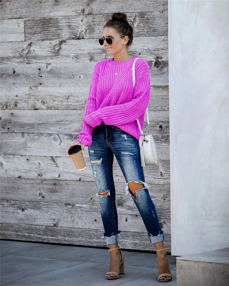 Свитер женский трикотажный однотонный в стиле бохо Осень-зима 2021 | Женская одежда