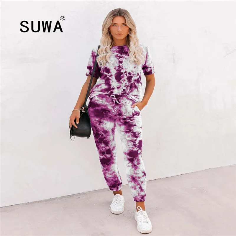 

Joggers women clothing set casual oversize t-shirt tee + high waist pencil pants stacked legging sweat suits 2 pieces