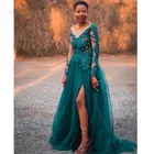 Изумрудно-зеленые тюлевые официальные платья для выпускного вечера 2020, Длинные вечерние платья-трапеции в африканском стиле, длинное вечернее платье с блестящими аппликациями и разрезом для ног
