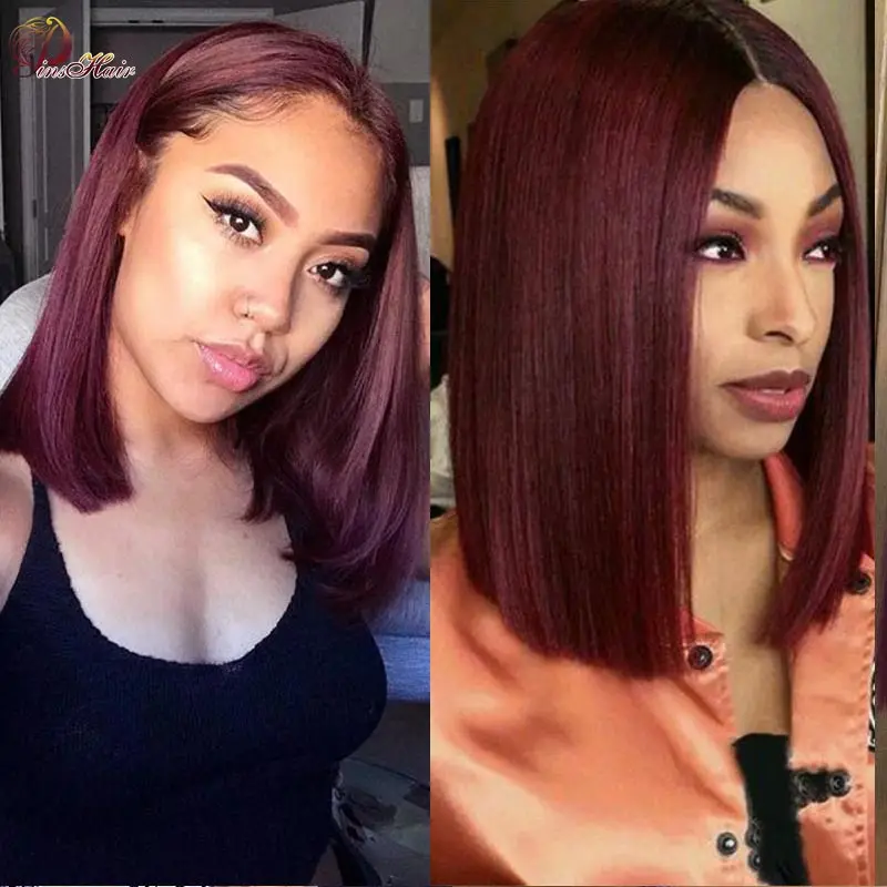 

Brazilian 180 Density Burgundy Colored 13x1 Lace Part Human Hair Wigs Red 99J Short Bob Wig T Lace Part Wigs For Black Women 150