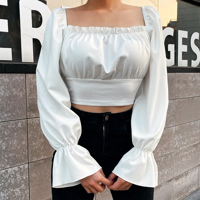 

Puff Sleeve Sexy Halter Strappy Shirt Women Square Collar Solid Long-Sleeved Shirt Women's Elegant Slim Short Shirts Woman 2021