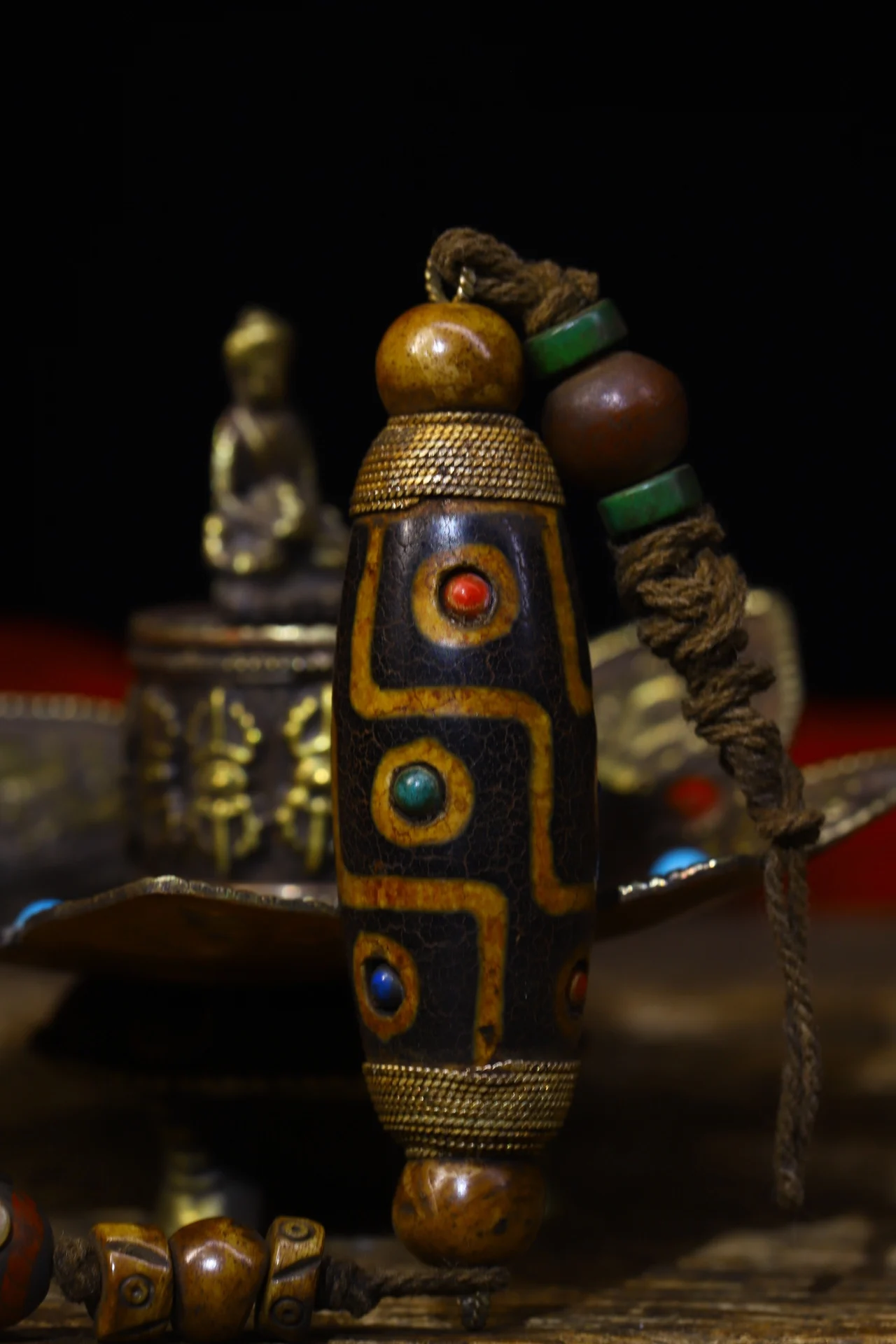 

Home Decor 3"Tibet temple Old Natural agate pure Filigree mosaic Gem Nine Eyes Dzi Bead Pendant Amulet Town House Exorcism