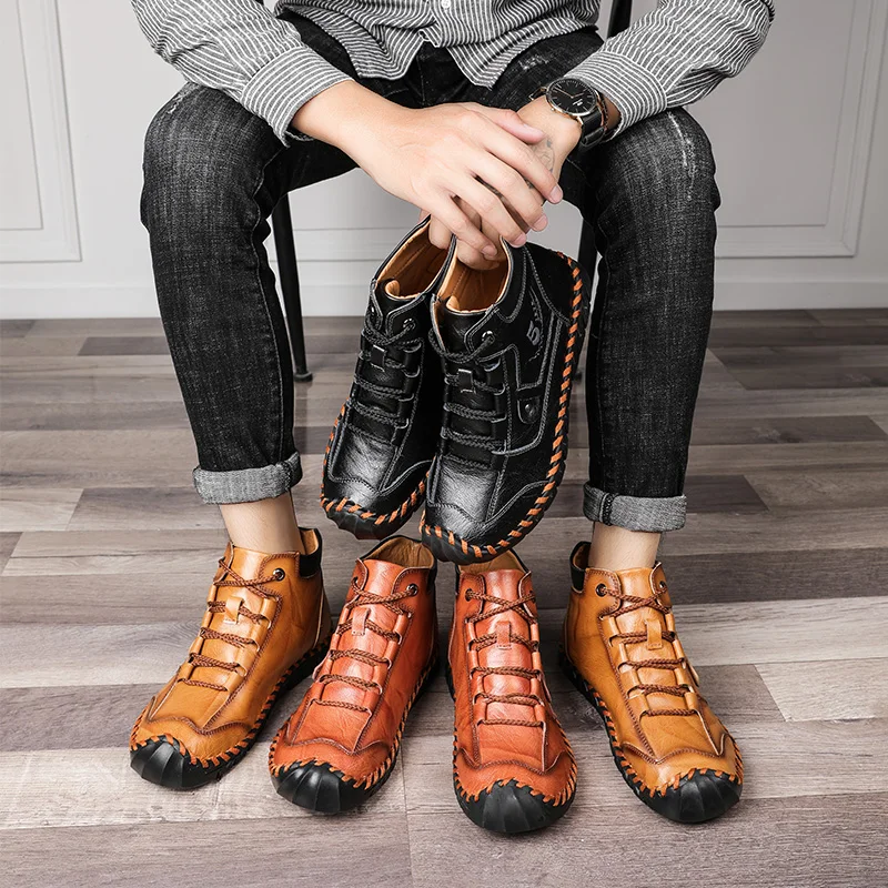 

Classic Men's Winter Boots Outdoor Plush Warm Men's Snow Boots Waterproof Leather Ankle Boots Handmade Men Black Western Boots