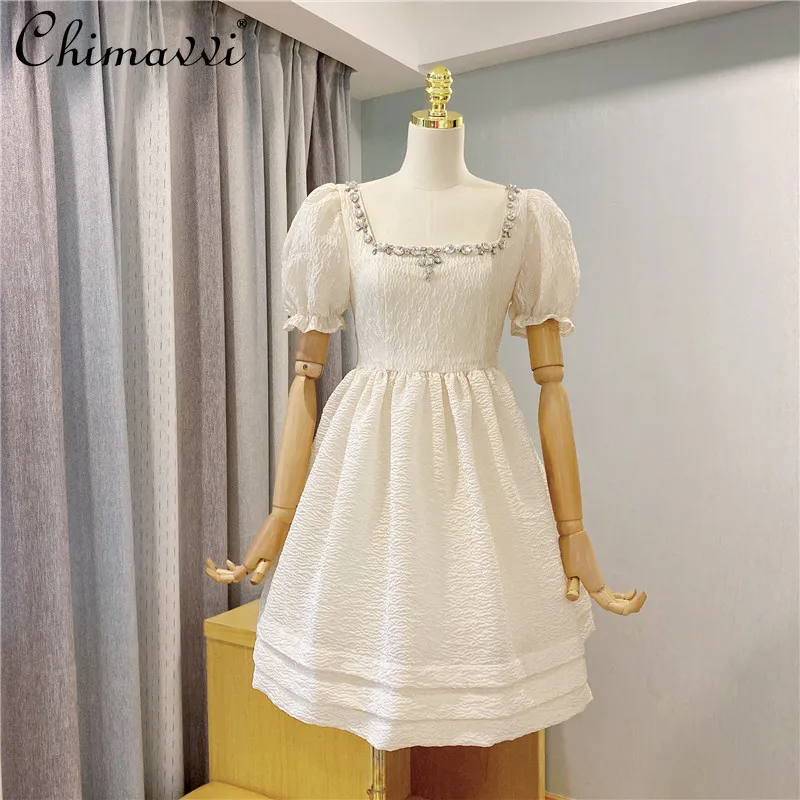 

High-End Heavy Rhinestone Square Collar Dresses Women Fashion Design Puff Sleeve Puffy Dress High Waist Slimming Elegant Dress