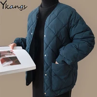 winter diamond lattice cotton jacket womens korean style round neck padded bread coat 2020 loose solid color parka clothing