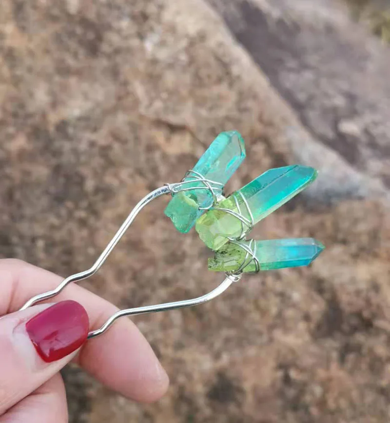Green-Blue Натуральный кварц сырой кристалл обруч зажим для волос для женщин маленький обруч Ювелирное Украшение на день рождения - Окраска металла: Green-Blue