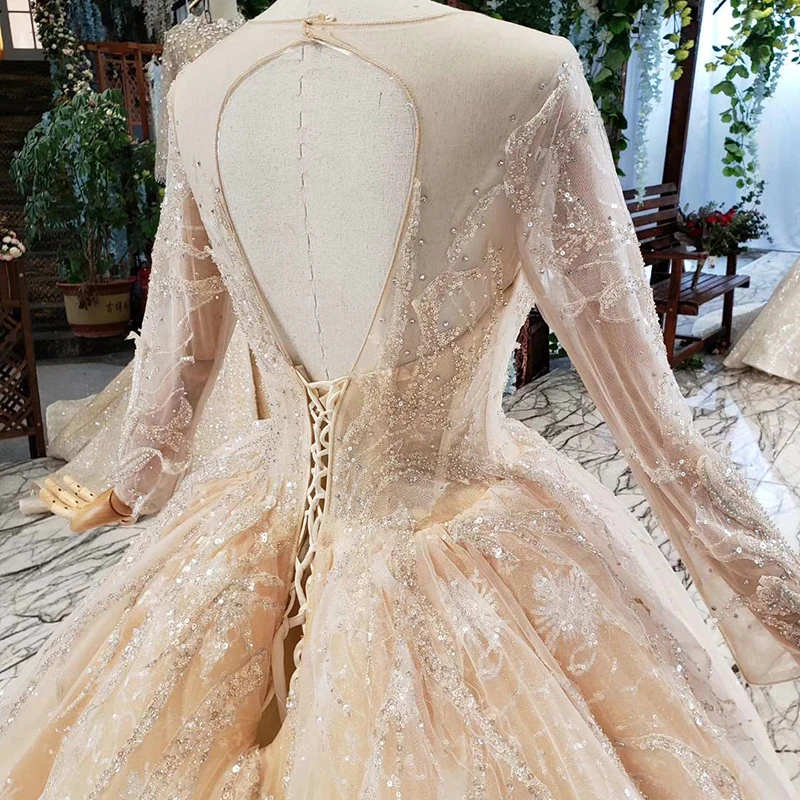 

HTL747 ball gown wedding dress long sleeve beaded sequined backless bridal dress with cathedral vestido de novia 2020 find store