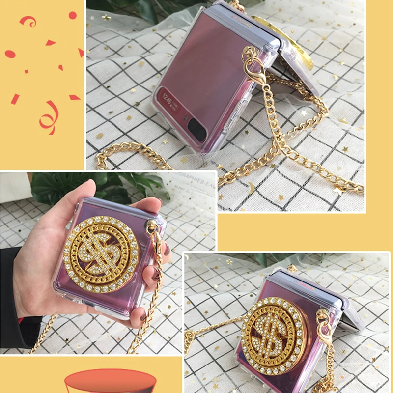 

Dollar Holder Transparent Case for Samsung Z Flip 5G Cover Flip Case Long Chain Crossbody for ZFlip Cover Etui Cute Funny Cases