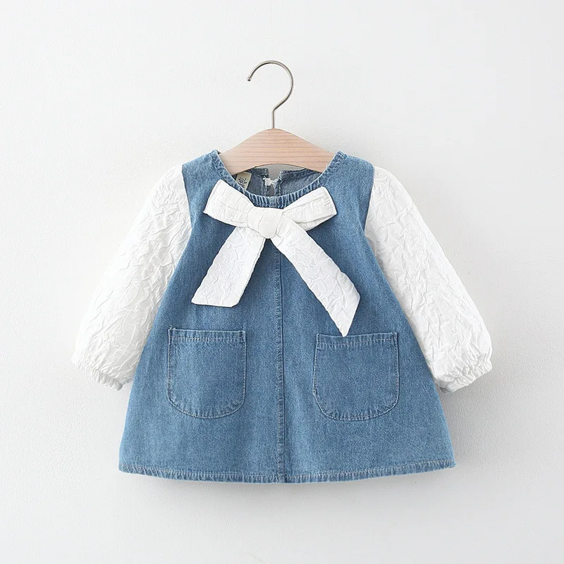 

2022 New Baby Girl Dress Solid Color Denim Skirt Princess Dress Bow Kid Dress Girls Korean Version Cute Style Baby Girls Clothes