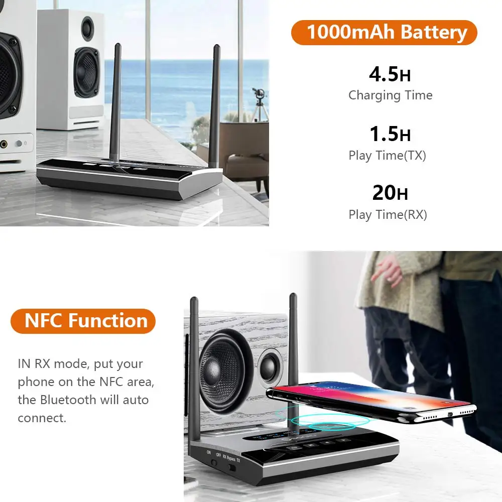Bluetooth 5.0 Transmitter Receiver Long Range Audio Adapter for TV PC Headphone aptX HD Low Latency Dual Link Optical RCA 3.5mm |