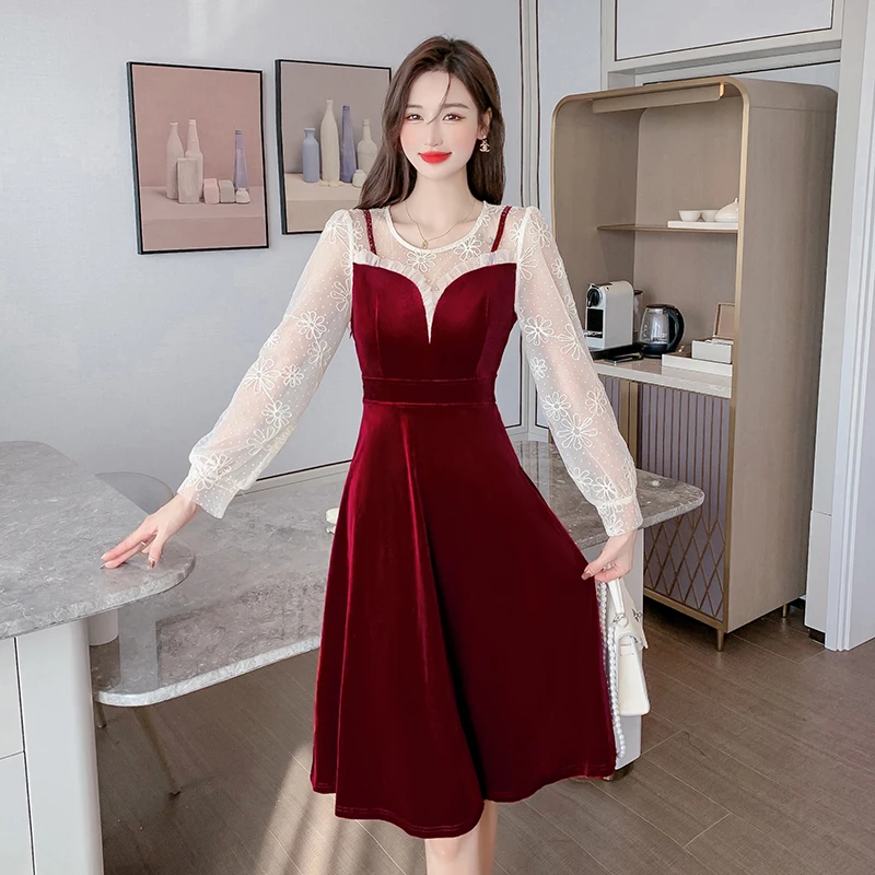 

COIGARSAM Women One Piece Korea Dress 2021 New French Style Patchwork Mesh O-Neck Black Red Wine Dresses Traf Robe Vestidos