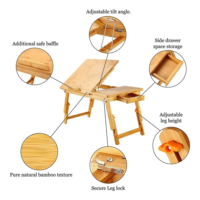 

Laptop Desk Table Adjustable Phoebe Bamboo Foldable Breakfast Serving Bed Tray with Tilting Top Drawer,Lazy Table