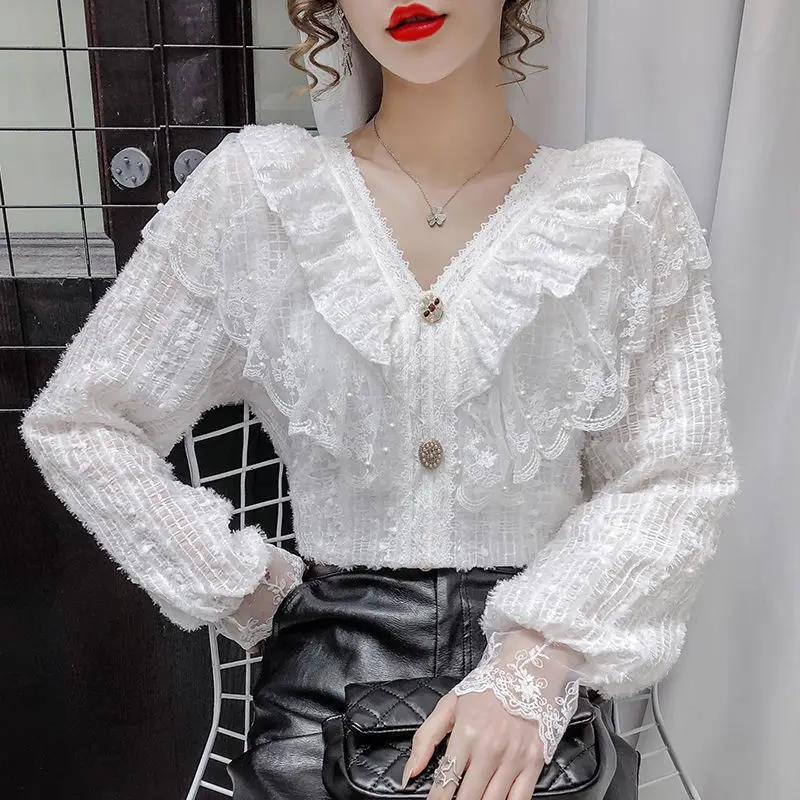 2021 New Spring Autumn Women Sexy Deep V-Neck Button Long Sleeve Blouses Slim Fashion Elegant Lady Lace Ruffles Shirt Tops B15
