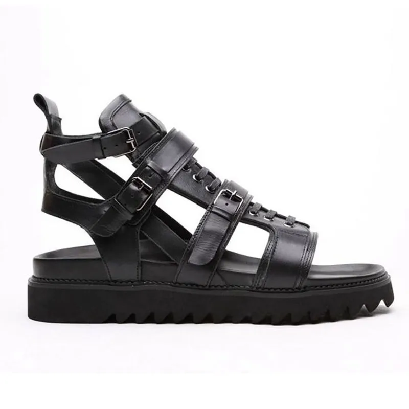 

2020 Italian New Cow Real Leather High Top Men Beach Sandals Thick Platform Lace Up Buckle Strap Hollow Out Punk Gladiator Shoes