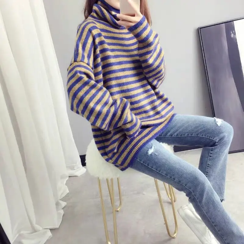 

Женский вязаный свитер в полоску, шерстяной пуловер большого размера с высоким воротником, свитер в Корейском стиле для осени и зимы, 2019