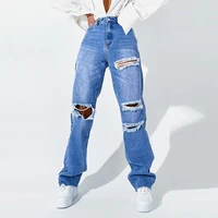 womens jeans chic fashion ripped hole wide leg jeans high waist zipper fly denim pants female trousers mujer y2k womens pants