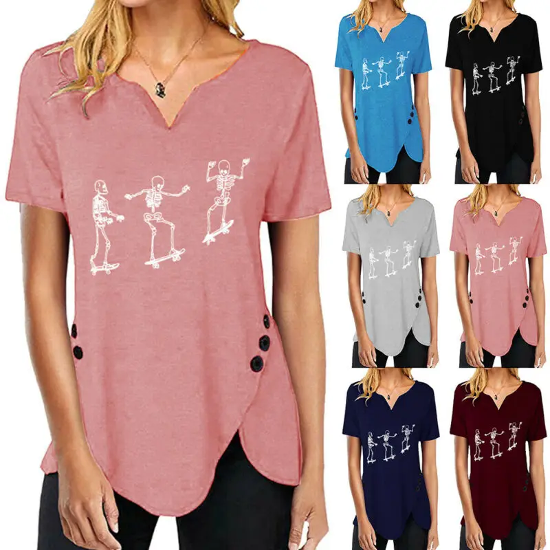 

Ladies Top Casual Irregular Hem Button Plus Size Short Sleeve V-neck T-shirt V Neck Loose Tunic Top Women Clothing