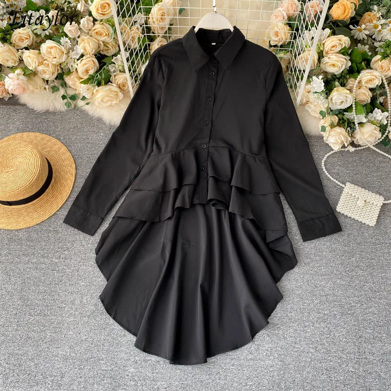 

Fitaylor New Arrival Ladies Single Breasted Turn-down Collar Fashion Female Top Women Solid Irregular Ruffles High Street Shirts