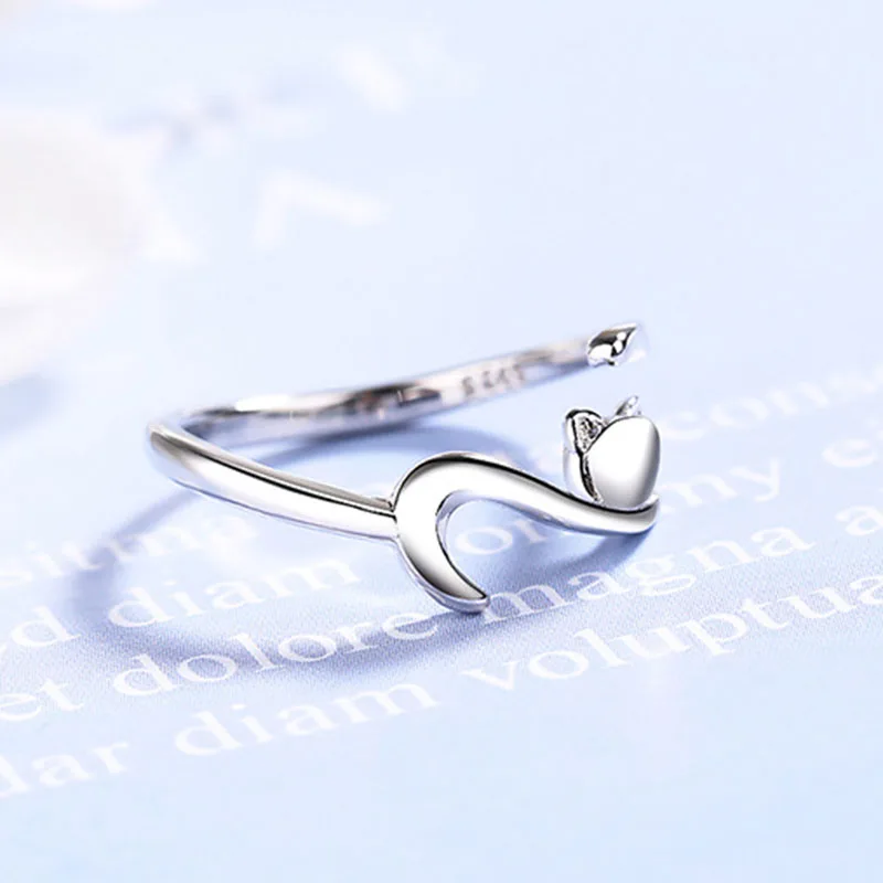 MEETSOFT 925 Silver  Opening Ring For Women Simple Adjustable Circle Animal Little Cat Jewelry Gift | Украшения и аксессуары