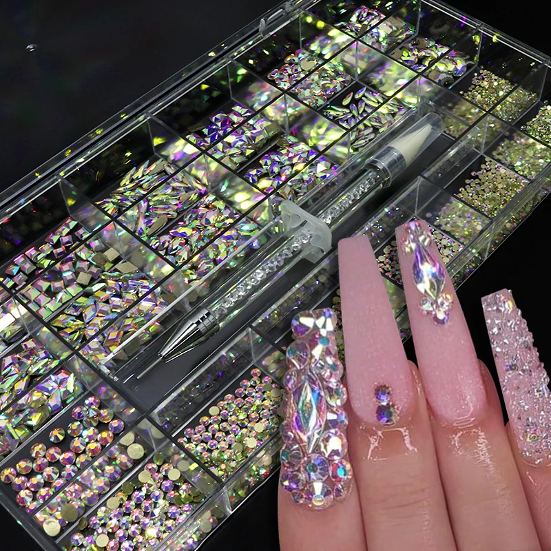 

3100Pcs AB Mixed Glass Crystal Nail Rhinestone Set For Nail Decorations Luxurious Jewelry Designs Nail Art Accessories 20 Styles