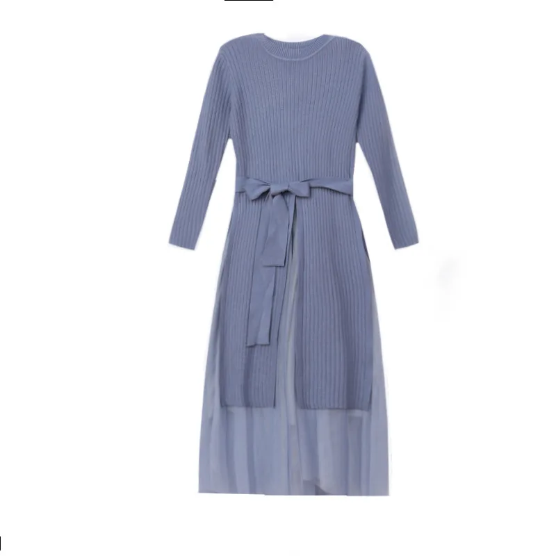 

2020 New Fashion O-neck Women's Clothing Knitted Mesh Dress Autumn winter Full-sleeve Elastic Waist Women Sweater A-line Dress