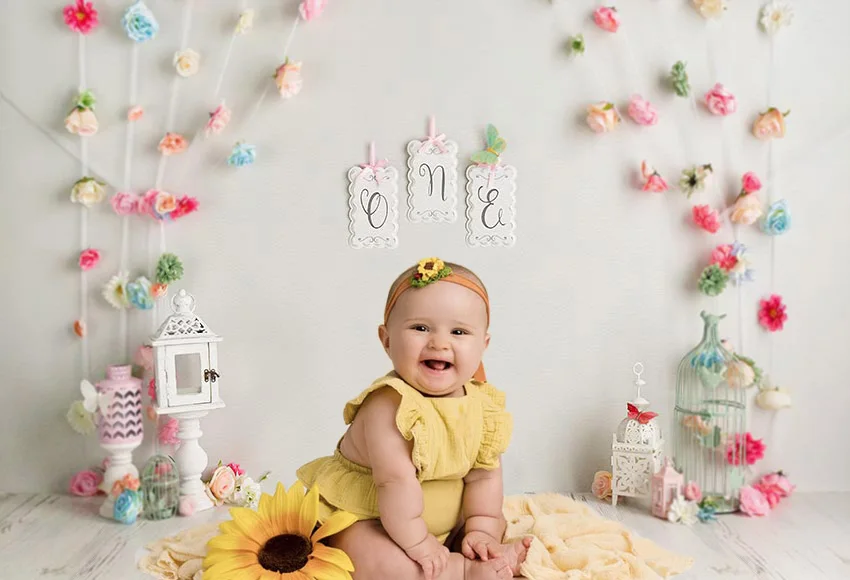 

Mehofond 1st Birthday Party Photography Background Colorful Flowers Butterfly Girl Portrait Backdrop Photo Studio Photozone