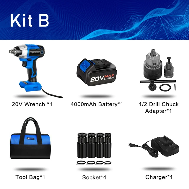 KIT B PROSTORMER беспроводной ключ 4000 нм максимальный крутящий момент торцевой ключ 20 в мАч литий-ионный аккумулятор гаечный ключ электроинструменты - Цвет: KIT B