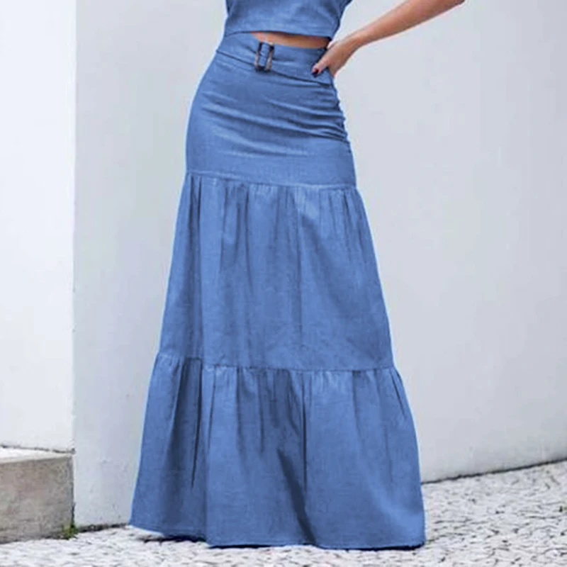 

2021 Women Solid Long Skirts Elastic Waist Pleated Maxi Skirts Beach Ruffle Vintage Summer Skirts Belt Faldas Saia Party Bottoms