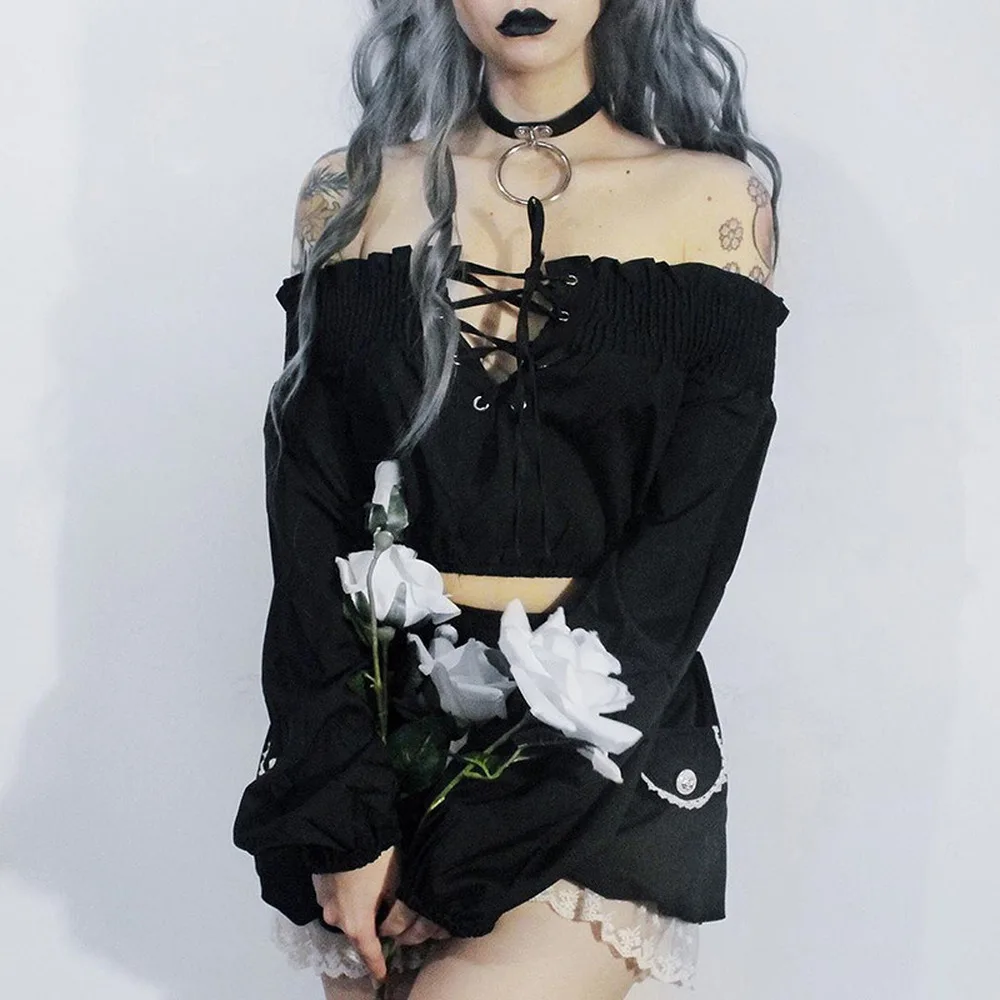 

Vintage 2021 New Gothic T-shirt Women Clothing Harajuku Cropped Hollow Out Pleated T-shirts Autumn Female Strap Puff Sleeve Punk