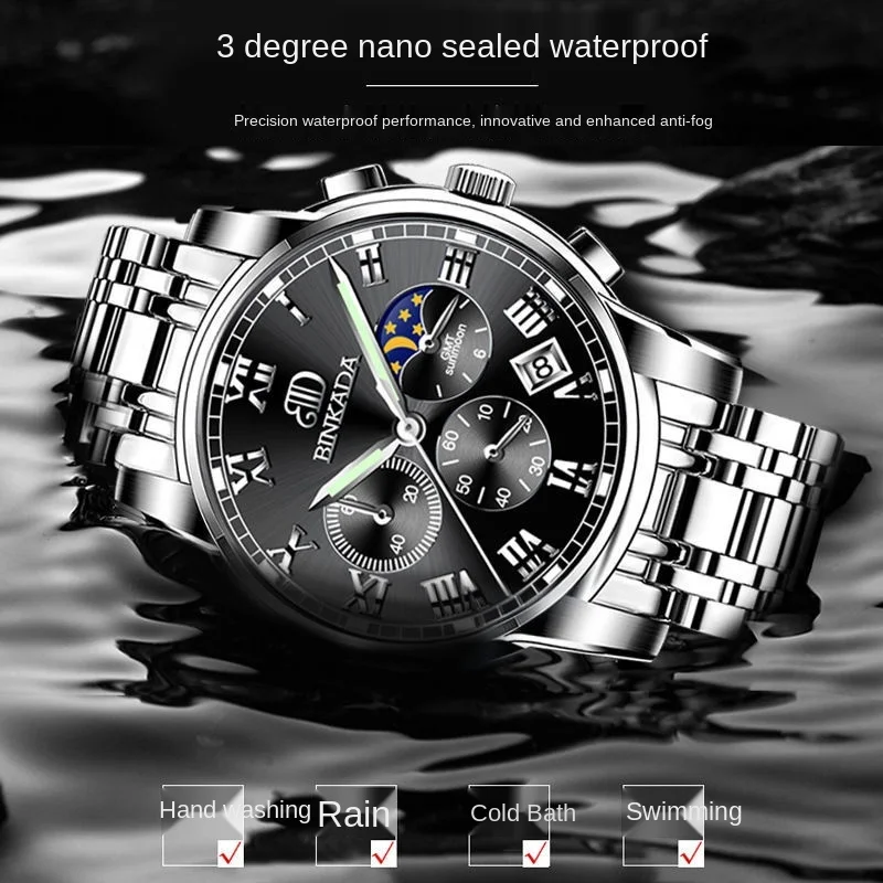 

Оригинальные мужские часы известного бренда Binkada, швейцарские водонепроницаемые светящиеся кварцевые часы, высококачественные автоматиче...