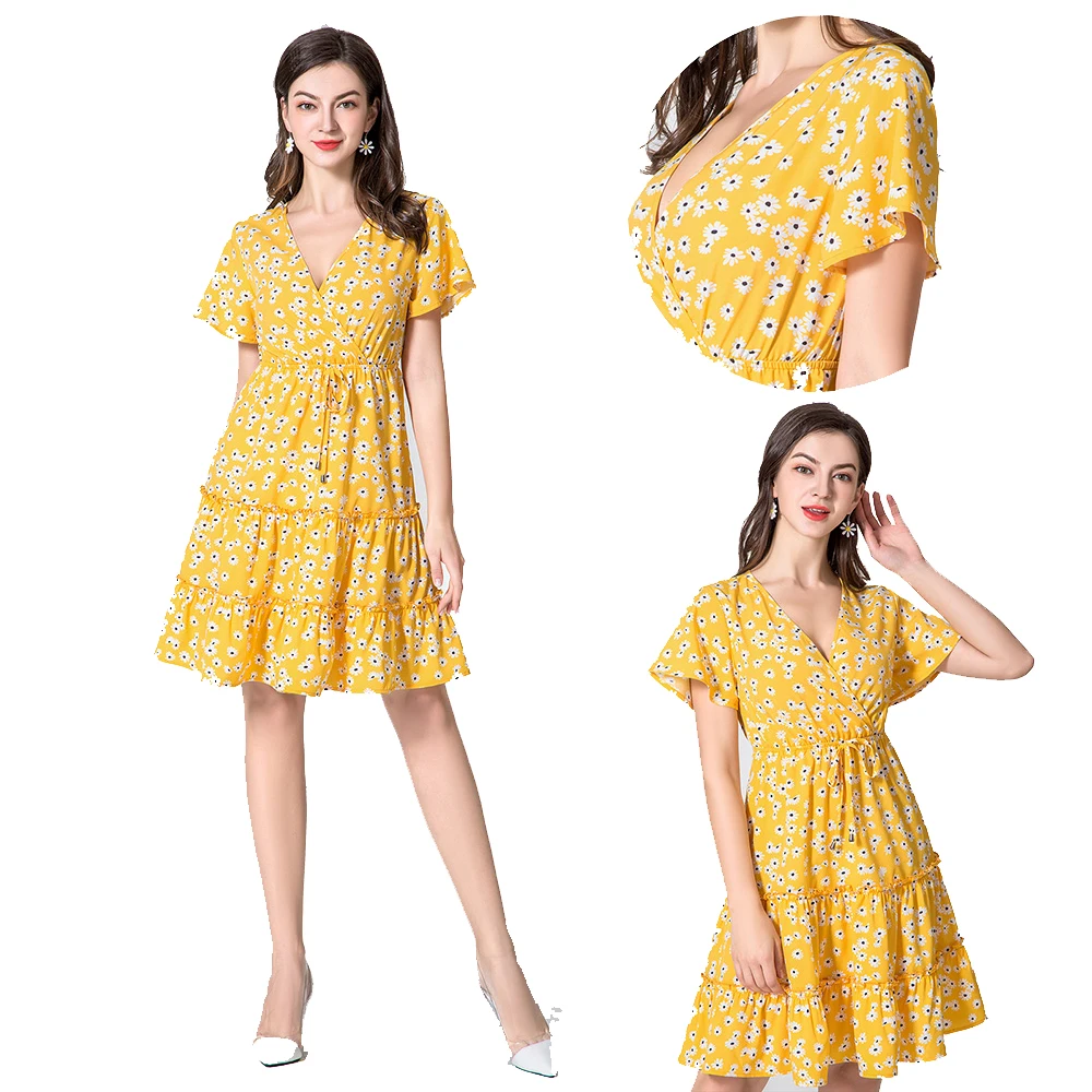 

ZOGAA Summer Floral Print Sweat Dress Women Lantern Short Sleeve Pleated Dresses V Neck Beach Sundress Female Roupa Feminina