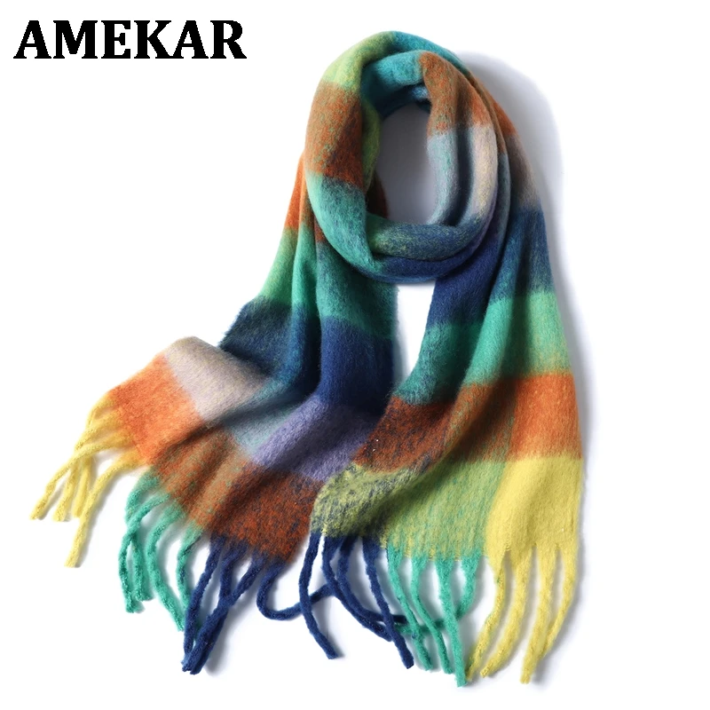 

Новинка 2021, Женский клетчатый шарф, зимние шали из пашмины, кашемировые плотные шарфы, женские теплые шарфы с кисточками, радужная пушистая ...