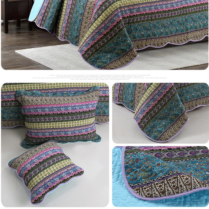 

Retro Printed Summer Quilt Set Double Bed Cover Quilted Bedspread 100% Cotton King Reversible Coverlet 3-piece Pillow Cases