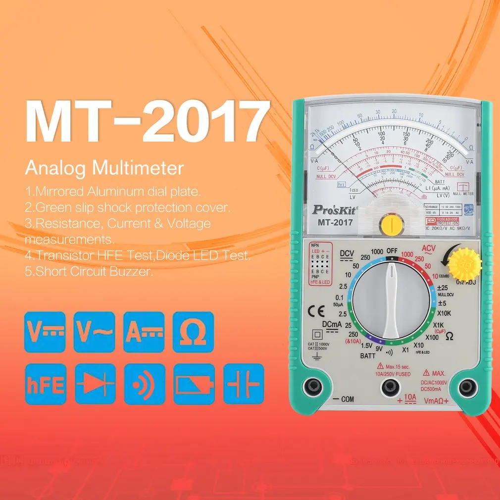

Proskit MT-2018 AC/DC Analog Graph Pointer Multimeter Ammeter Resistance Capacitance Diode Volt Amp Ohm hFE LED Meter