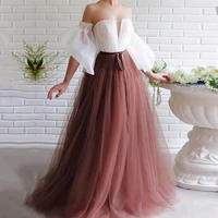 off the shoulder evening dresses 2020 strapless pleats puffy sleeves white and brown prom gown custom made girl party dress