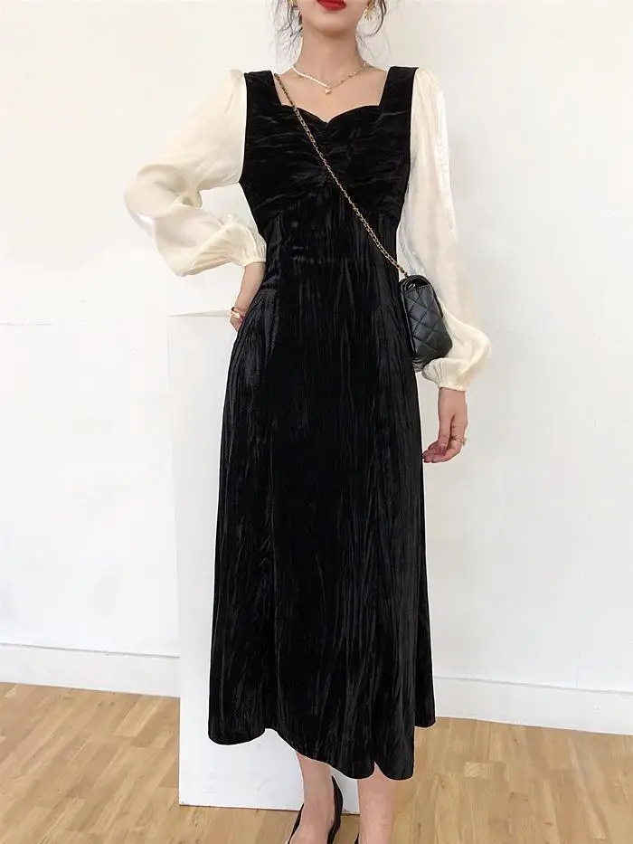 

Spring new large size women's French retro velvet dress chinese fashion dress for women plus size velvet dresses