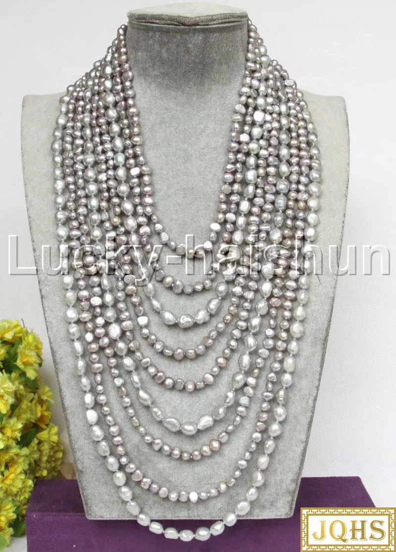 

JQHS Baroque 17"-32" 9row gray freshwater pearls Beaded Strand knotted necklace magnet clasp j11778