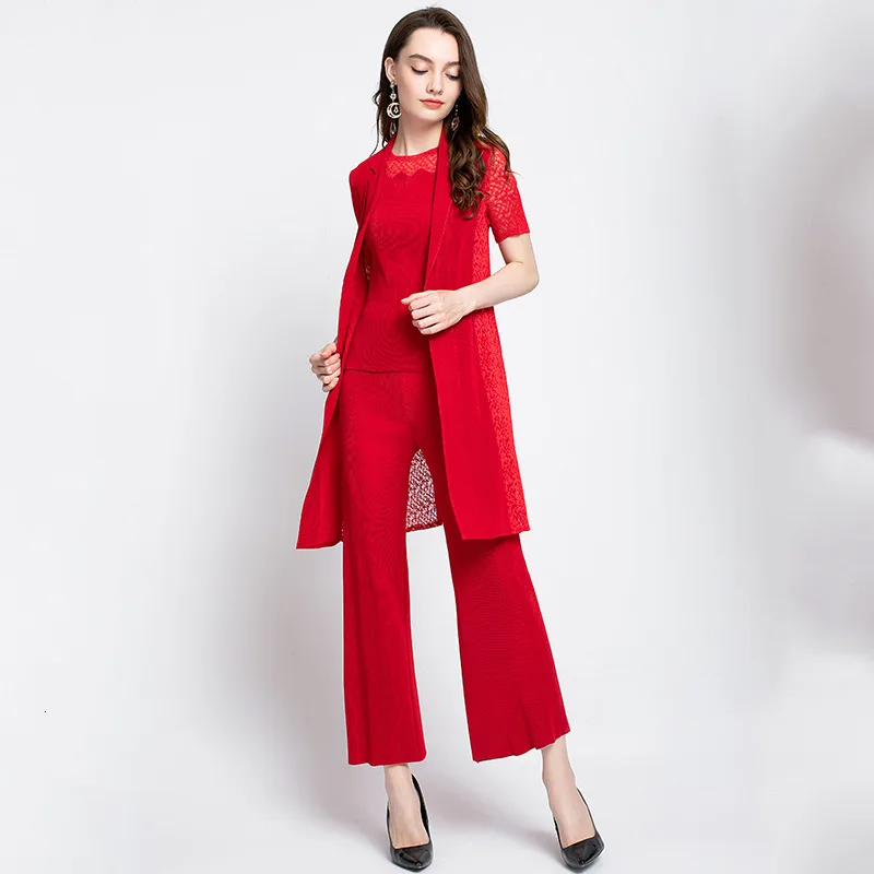 LANMREM 2020 New Fashion Pattern Pleated Stitching Lace Slimming Solid Elegant Shawl Wide-leg Pants Female Three-piece Set AD069 | Женская