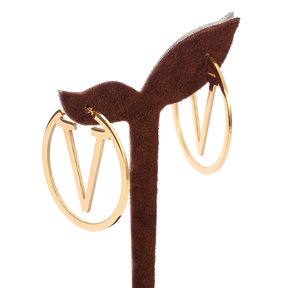 Женские массивные серьги из нержавеющей стали с буквами V Circle простые в стиле