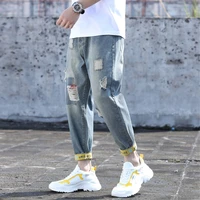 vintage men ripped jeans fashion plus size ripped ankle tied baggy denim jeans male loose casual harem pants men jeans trousers