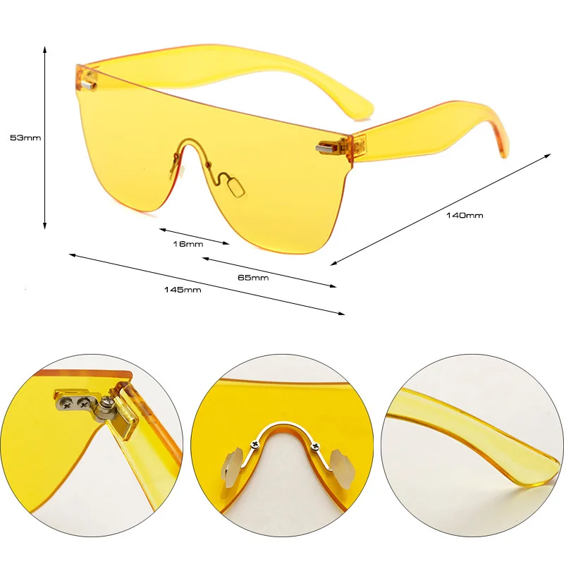 

SHAUNA Flat Top Candy Color Integrated Lens Women Goggle Sunglasses Nail Decoration Men Rimless Yellow Tinted Lens Glasses