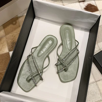 

Women's shoes slippers outdoor 2021 summer new fashion clip toe rhinestone transparent flat bottom flip flops
