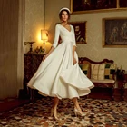 Короткое свадебное платье UZN с V-образным вырезом, длинными рукавами и оборками, атласное свадебное платье, дешевые простые свадебные платья а-силуэта